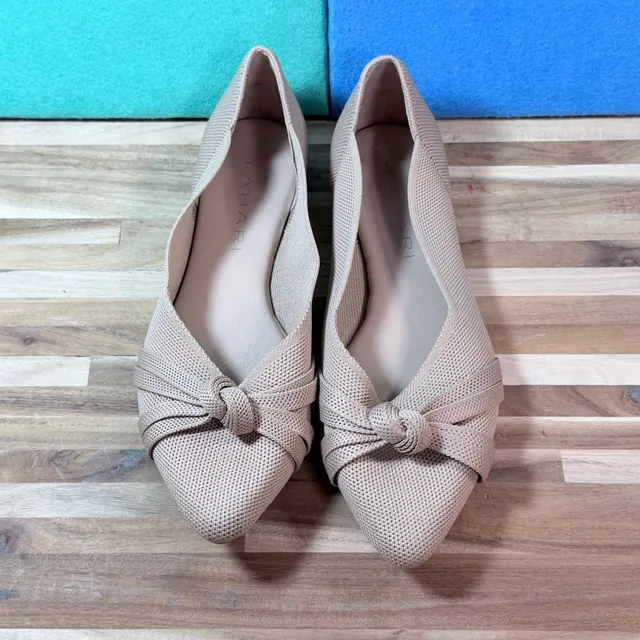 Tahari Pointed Toe Knit Bow Flats Beige