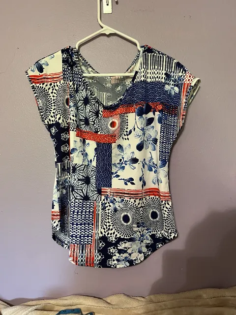 ESPRESSO Blue White Red Patchwork Print Short Sleeve Blouse Top