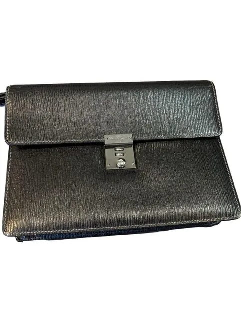 Salvatore Ferragamo Black Leather Lock Clutch Bag