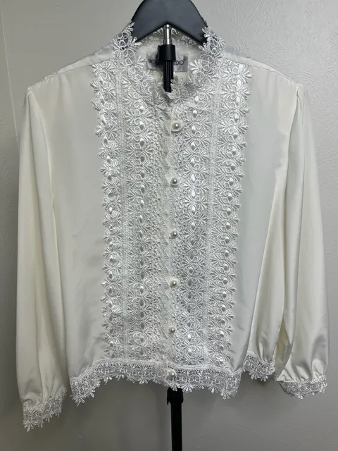  White Lace Front Blouse- Victorian Romantic Long Sleeve