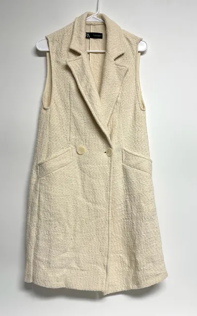 Zara Long Vest Size Small Cream Tweed Textured Sleeveless Waistcoat