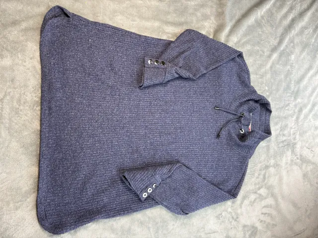 Tommy Hilfiger Womens Large Blue Cowl Neck Ribbed Knit Sweater Button Cuffs