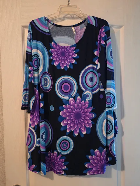 42pops Floral Tunic Dress Size 3X Blue Purple Psycho Print Boho