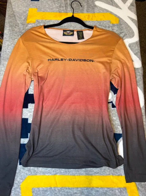 Y2K Harley Davidson Long Sleeve Ombre Shirt Size M Orange Gradient