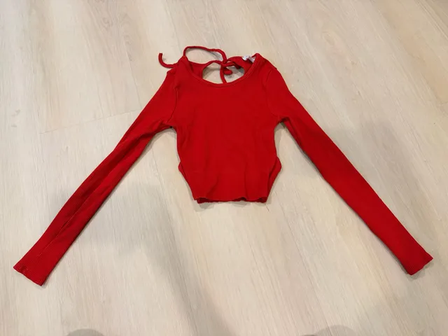 Attirance Long Sleeve Crop Top Red Ribbed Backless Open Back