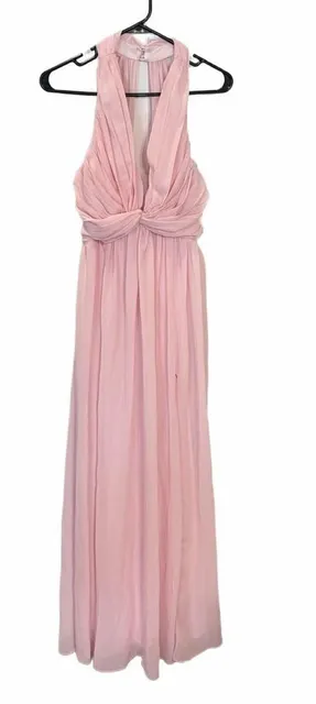 Lulus Blush Pink Chiffon Maxi Dress Small Halter Plunge Formal Bridesmaid Gown