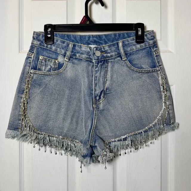 Rhinestone Fringe Denim Shorts Blue