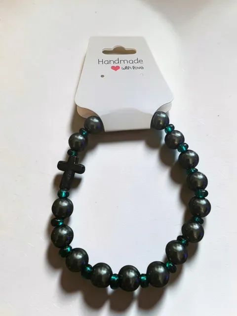 Gunmetal Black Pearl Teal Glass Cross Stretch Bracelet