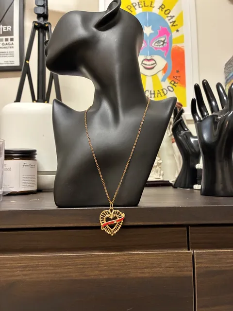 Upcycled Stainless Steel Filigree Heart Rhinestone Necklace Gold Tone