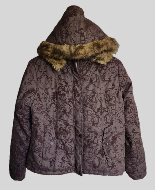 X-Five Basic Puffer Jacket XL Brown Paisley Faux Fur Hood Winter