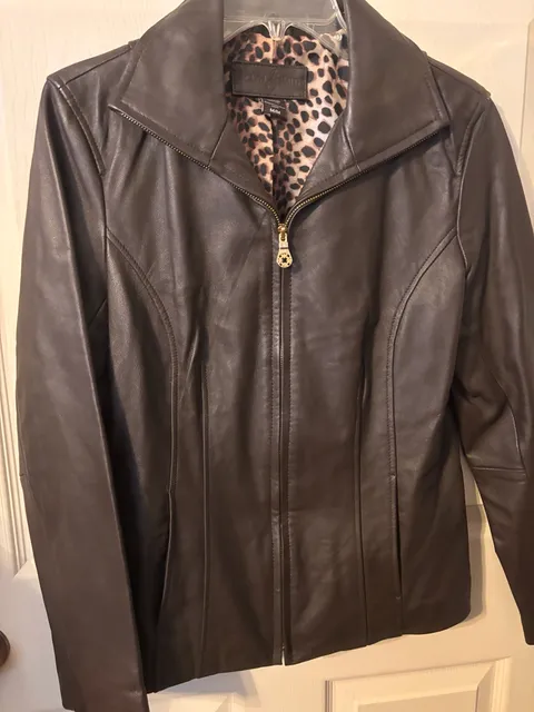 Jaclyn Smith Leather Jacket Size M Brown Cheetah Lining