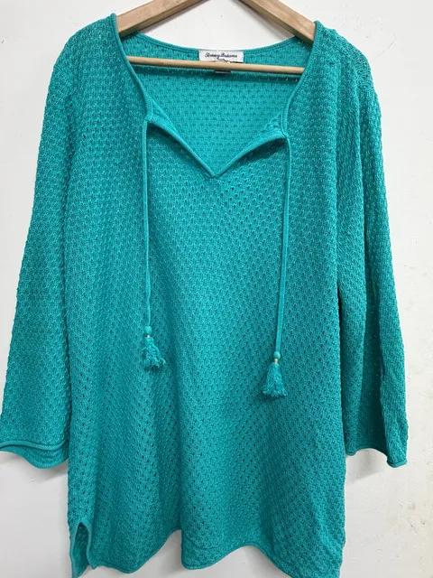 Tommy Bahama Knit Top Size XL Turquoise V-Neck Tassel Coverup