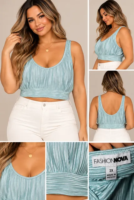 Fashion Nova Plissé Crop Tank Top Size 2X Light Blue