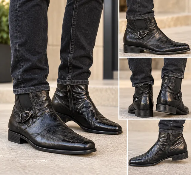ALDO Men’s Black Leather Ankle Boots EU 44 Buckle Zip Square Toe Moto