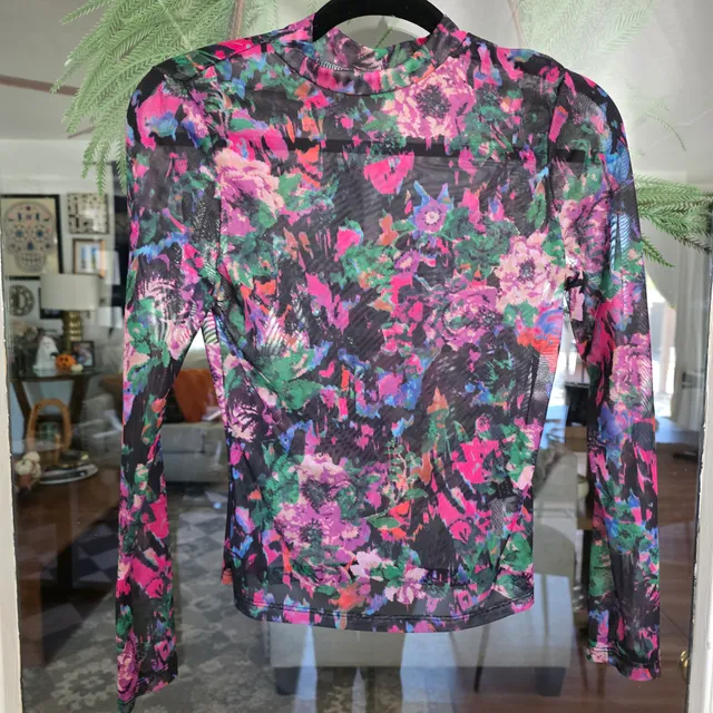 SHEIN Women's Small Floral Mesh Sheer Long Sleeve Top Y2K Multicolor Stretch