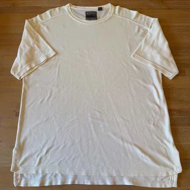 VTG Mossimo Giannulli Waffle Knit T Shirt Cream Beige Distressed Oversized XL