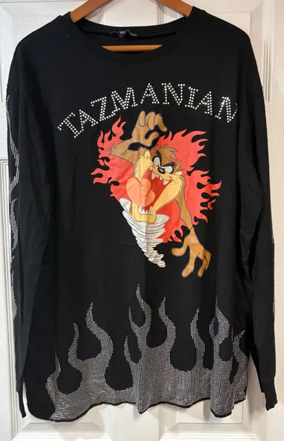 Looney Tunes Tazmanian Devil Rhinestone Long Sleeve Shirt 2X Black