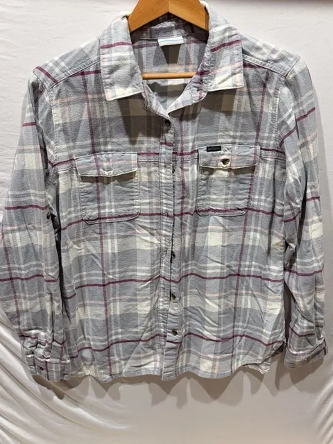 Columbia Sportswear Company Plaid Flannel Shirt Size L Gray Pink Long Sleeve