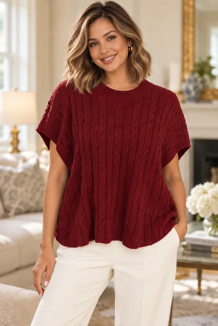 Olivaceous Red Cable Knit Cotton Sweater Vest Large Burgundy Red Preppy