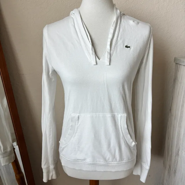 Lacoste Hoodie Cotton White Pullover Sweatshirt Y2K Size 38 Medium