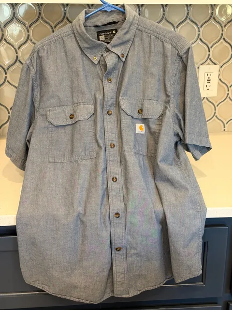 Carhartt Short Sleeve Work Shirt Size L Blue Loose Fit Button Down