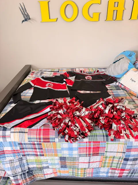 Varsity Spirit Cheer Uniform Set Skirt Tops Pom Poms