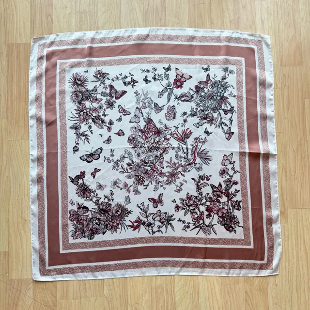White and Pink Floral Butterfly Print Square Scarf