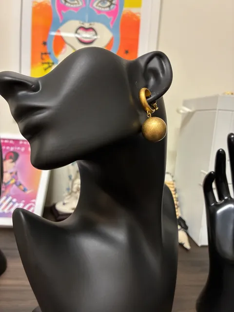 Gold Tone Hoop Drop Ball Earrings Matte Finish