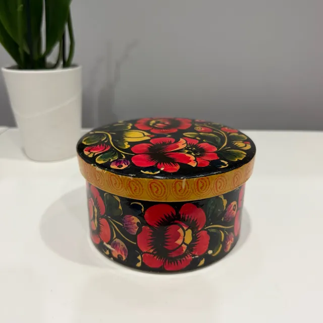 Vintage Hand Painted Russian Wooden Trinket Box Floral Folk Art
