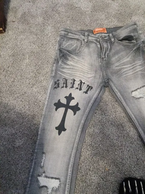 RGSTR Saint Cross Graphic Distressed Slim Jeans Gray