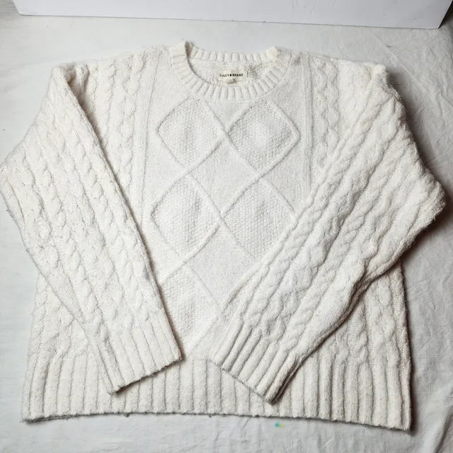 Lucky Brand Cable Knit Sweater Size L Ivory Cream Wool Blend Crewneck