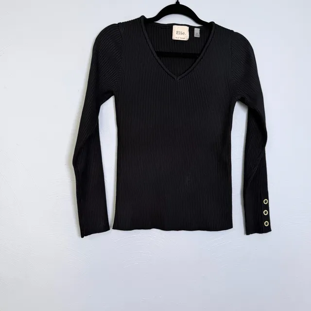 Elie Elie Tahari Ribbed V-Neck Sweater Size M Black