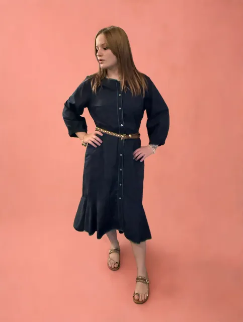 J.Crew Button Front Midi Shirt Dress Size 12 Dark Navy Blue Cotton