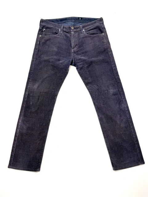 AG Adriano Goldschmied Men's Corduroy Jeans Size 33 Heritage Americana Old Money Quiet Luxury Indie Vanguard Navy Faded Grey Purple Stretch Straight Leg Fine Wale Cord Made in USA Mid Rise 5 Pocket 33x30