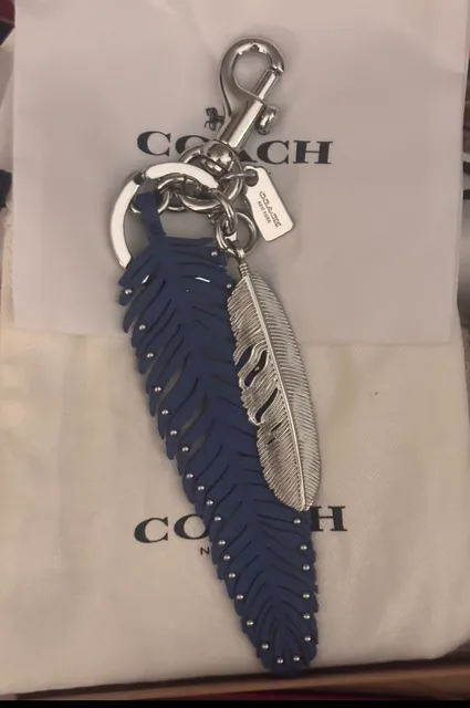 Coach Blue Leather Studded Feather Keychain Bag Charm