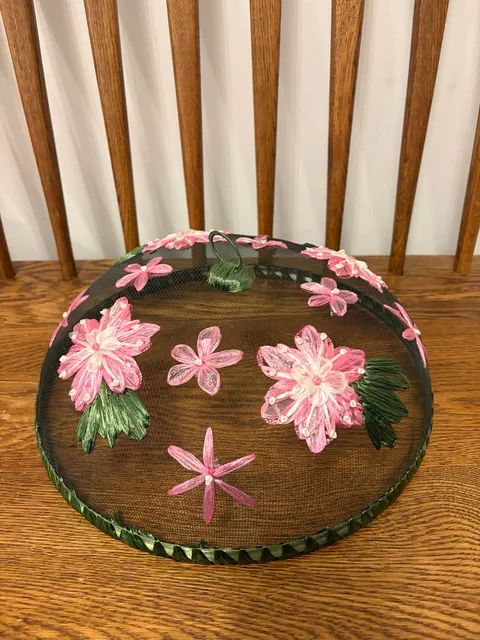 Vintage Mesh Food Cover Dome Pink Floral Straw Applique 11 Inch