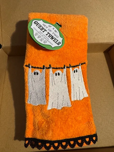 Guest Towels Set of Two 12" x 18" Halloween Ghost Orange Cotton