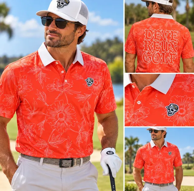 Devereux Golf Polo Shirt Size L Orange Floral Skull Back Graphic
