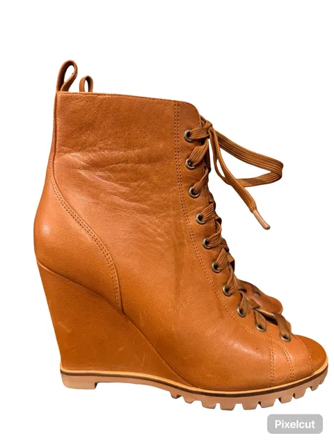 Linea Paolo Wedge Bootie Tan Leather Peep Toe Lace Up Size 7