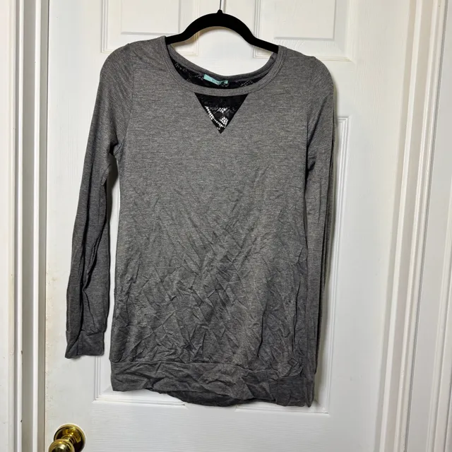 P.S. Kate Long Sleeve Top Gray Black Lace Slit Back