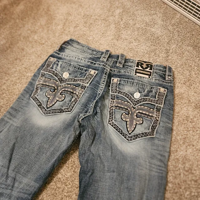 Rock Revival Herb Straight Jeans Mens Size 34 Light Wash Distressed Denim