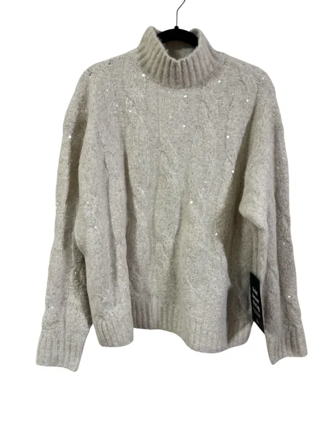 NWT Lulus Mock Neck Sweater Size M Beige Cable Knit Sequin Pullover