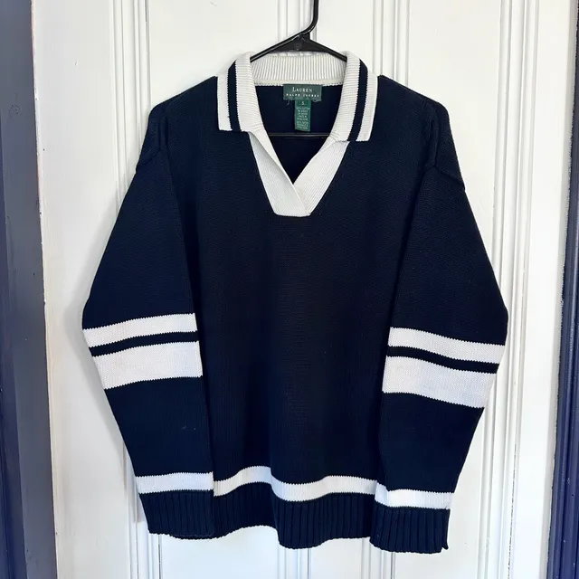 Lauren Ralph Lauren Sweater, Size S, Navy White V-Neck Pullover