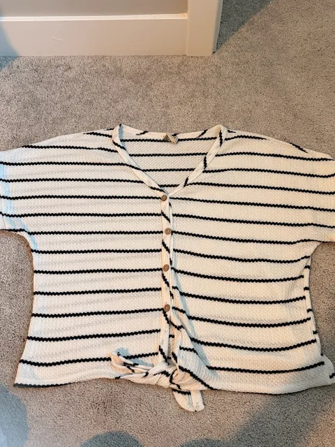 Paper Crane Button Down Top Size M Black White Stripe Waffle Knit Tie Front