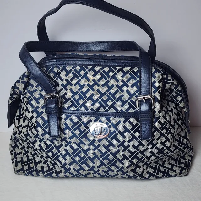 Tommy Hilfiger Monogram Blue Nylon Satchel Handbag