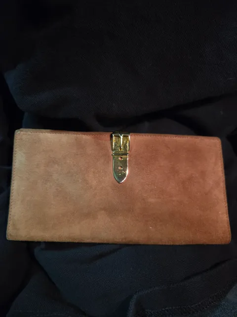 Vintage Gucci Suede Long Wallet Brown Yellow Gold Hardware