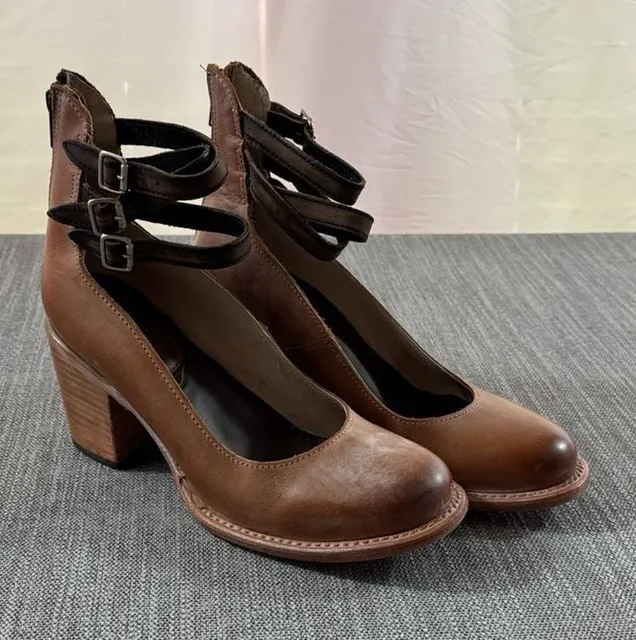 Freebird Leather Buckle Strap Heels Brown Booties 10
