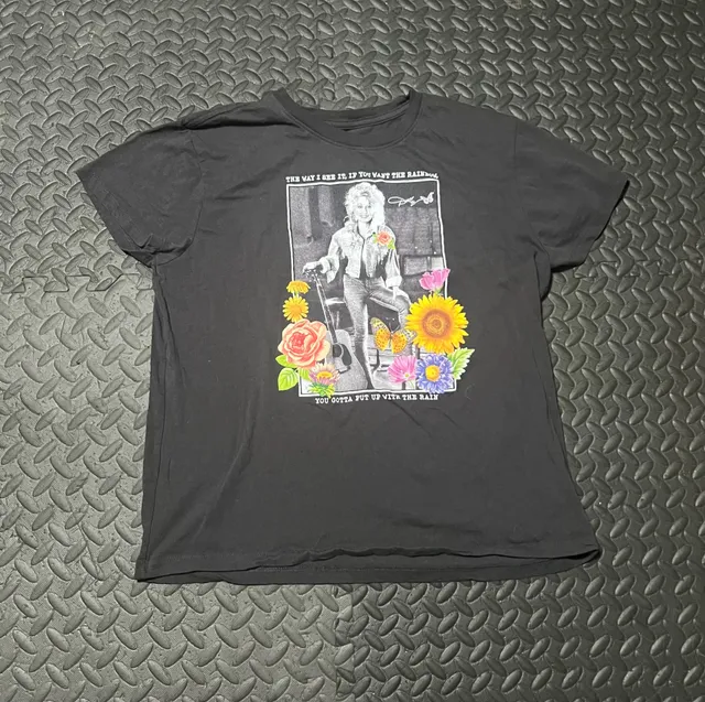 Dolly Parton Graphic T-Shirt Size Large Black Floral Butterfly