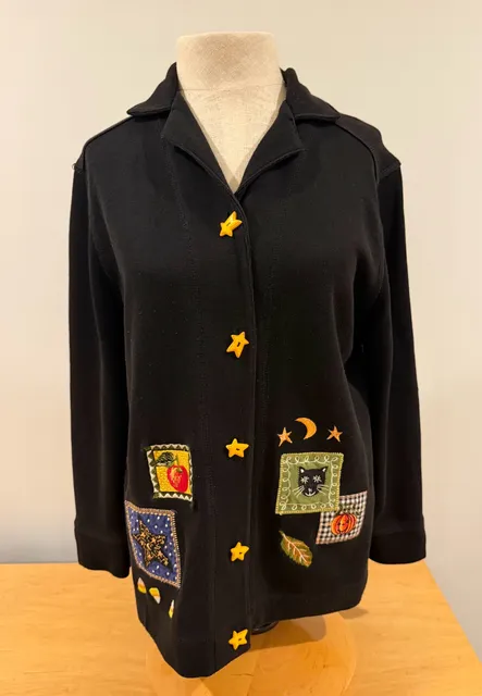 Onque Casuals Halloween Cardigan Black Star Buttons Embroidered Cat
