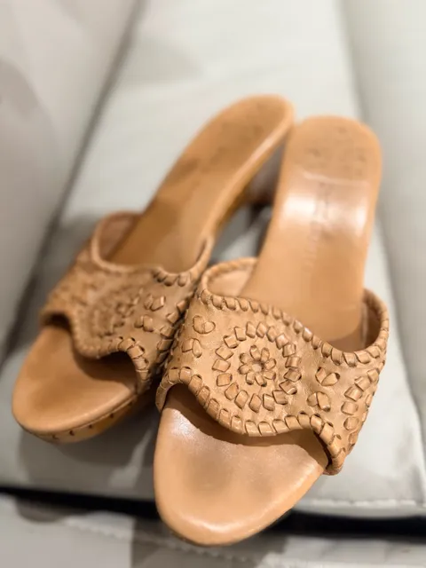 Jack Rogers Wedge Sandals Size 7M Tan Leather Woven Slides